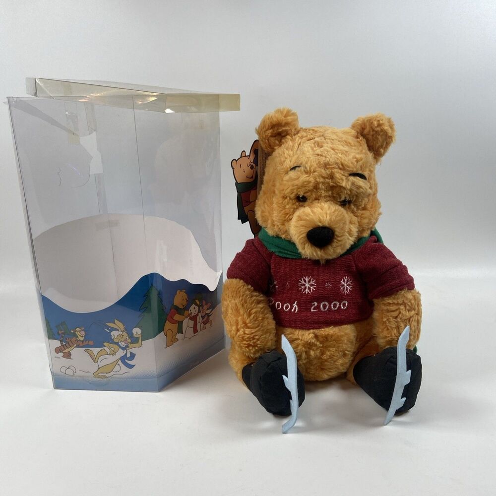 Vintage 2000 Disney Store Christmas Winnie The Pooh With Ice Skates Plush Y2K